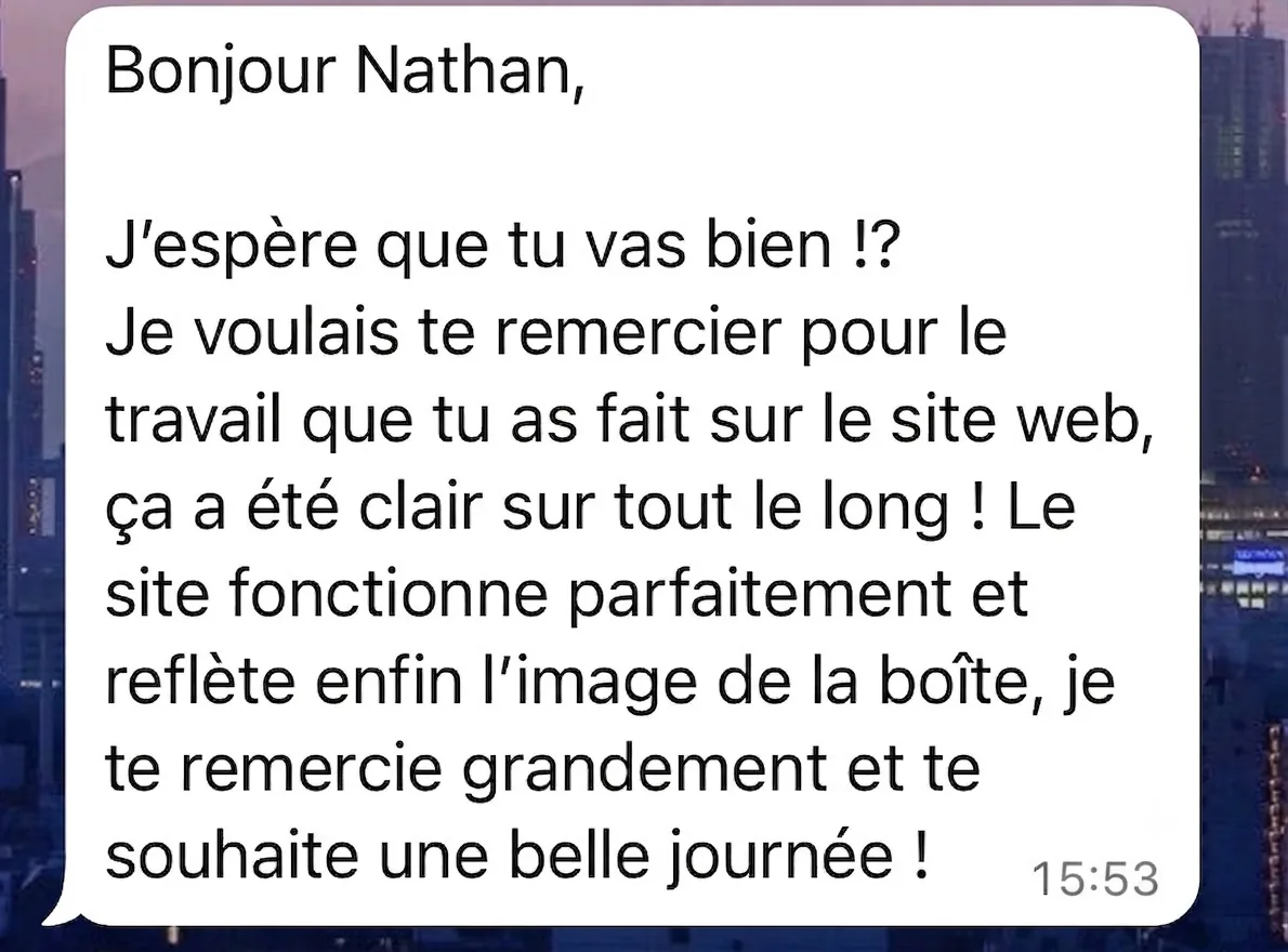 Message de remerciement d'un client d'Essoria reçu par WhatsApp