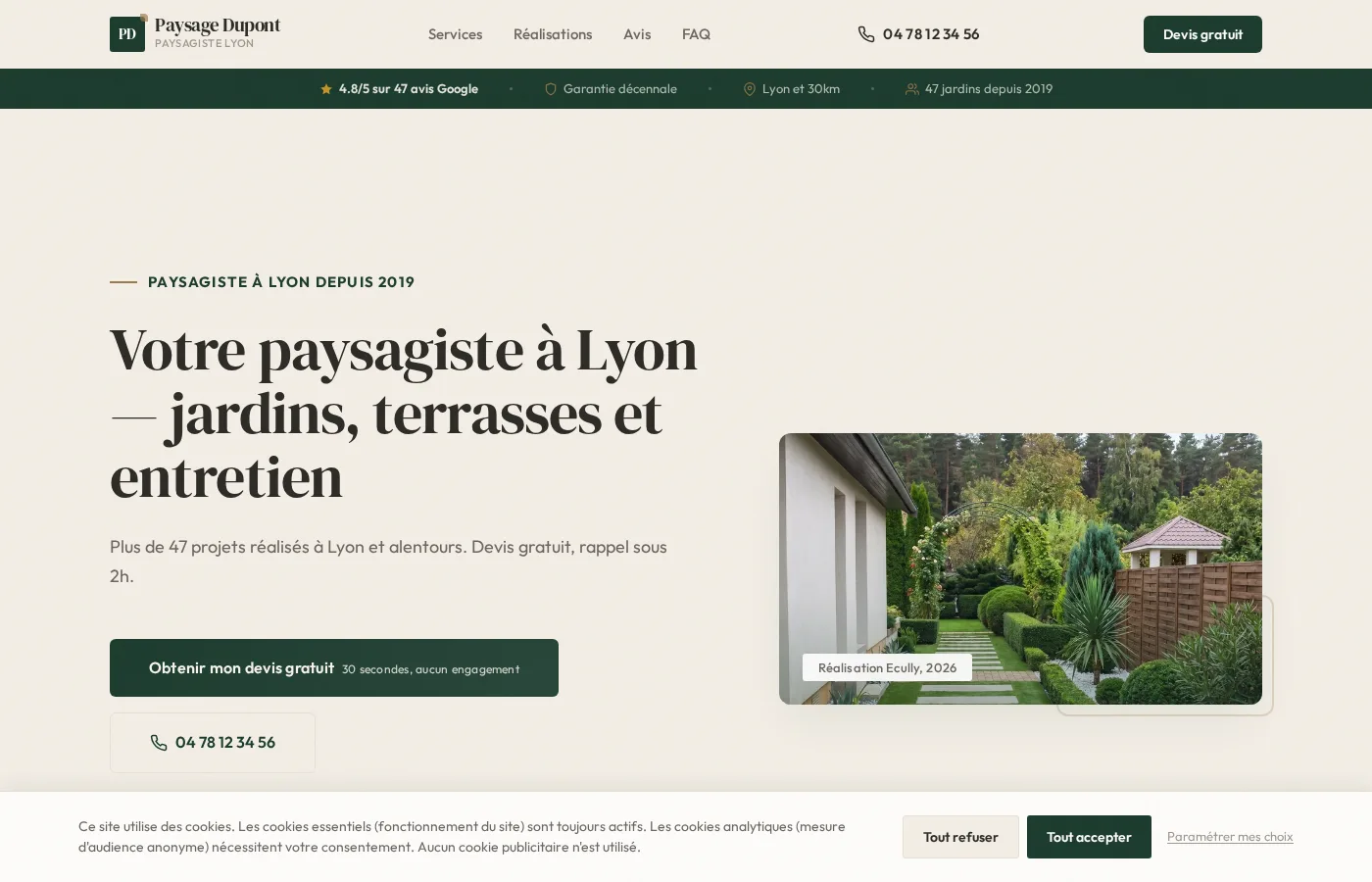 Page d'accueil du site Paysage Dupont conçu par Essoria